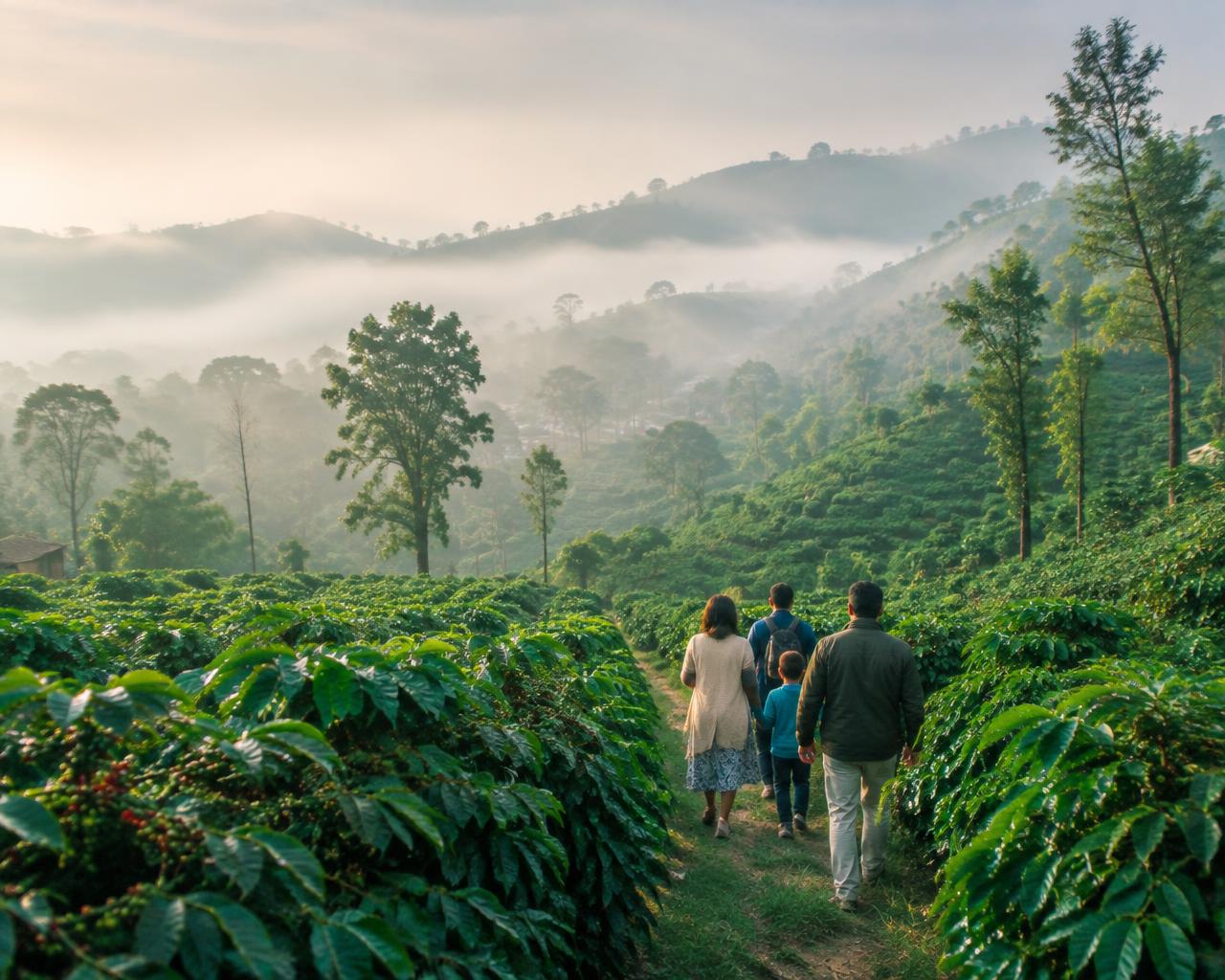 Walking through misty coffee hills